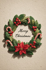 Merry Christmas typography with holiday greenery and candy canes on beige paper
