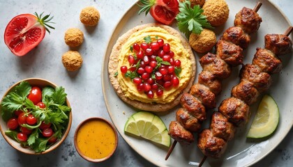 Grilled meat skewers and hummus with pomegranate seeds on flatbread. Small falafel balls, cherry tomato salad and dip served on plate. Fresh lime slices and half pomegranate garnish.