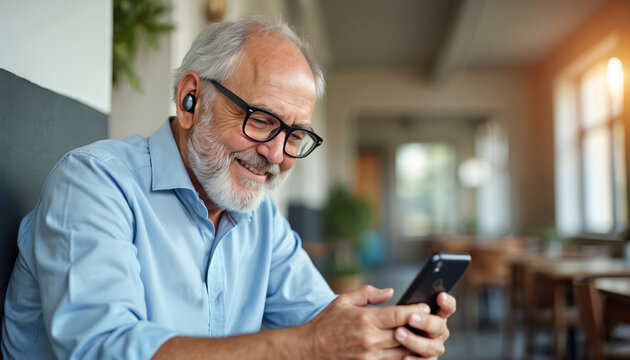 Elderly man wearing glasses and earbuds smiles while looking at smartphone. He enjoys watching movie or video content on his mobile phone. Senior male relaxes indoors using modern tech.