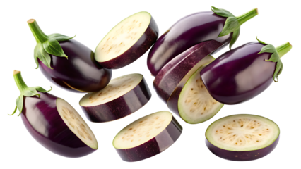 Fresh ripe eggplants, some whole and some sliced, isolated on transparent background