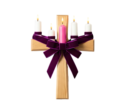 A wooden cross with a purple ribbon and a lit candle on a png transparent.