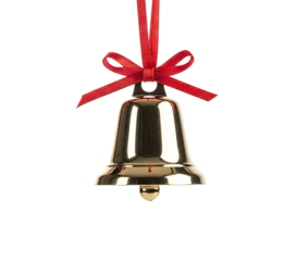 A gold bell with a red ribbon hanging from a png transparent.