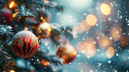 Christmas tree ornaments with snow and bokeh lights