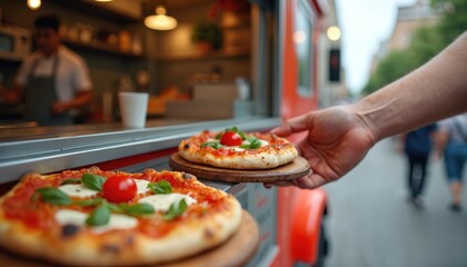 Chef hands serve mini pizza from food truck. Street food vendor offers margherita pizza with tomato and basil. Tasty meal prepared outdoors for customers.