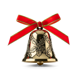 A gold bell with a red ribbon and a holly design on a png transparent.