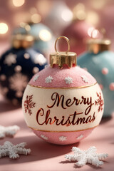Merry Christmas lettering with baubles and snowflakes on pastel pink