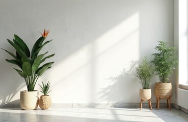 Fototapeta premium Empty white room features various green potted plants. Sunlight creates bright patterns on minimal white wall, polished marble floor. Modern interior design highlights natural light, simple home