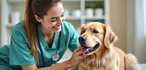 Female veterinarian smiles while petting golden retriever dog during checkup at clinic. Pet wellness exam for healthy animal growth and development.