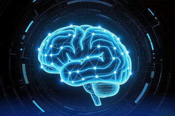 Glowing brain hologram with neural network floating inside circular HUD, electric blue lines, synapse connections, data overlays,