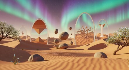 A breathtaking and imaginative digital art rendering of a surreal desert landscape. 