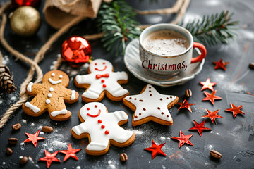 Festive gingerbread cookies and hot coffee arrangement for christmas celebration