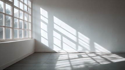 Fototapeta premium Sunlight and shadows in empty white room large window and copy space