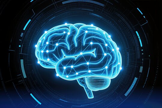 Glowing brain hologram with neural network floating inside circular HUD, electric blue lines, synapse connections, data overlays,