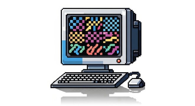 A vibrant and detailed pixel art illustration of a classic computer setup, reminiscent of vintage 8-bit or 16-bit