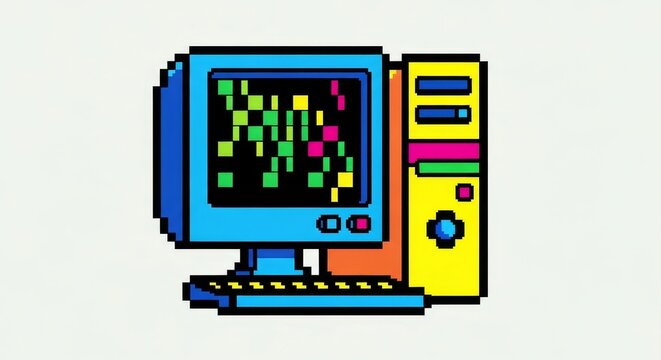 A vibrant and detailed pixel art illustration of a classic computer setup, reminiscent of vintage 8-bit or 16-bit