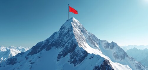 Dramatic mountain peak displays vibrant red flag atop summit achievement, victory. Illustration represents aspiration reaching highest level of success. Conveys determination, conquering challenges.