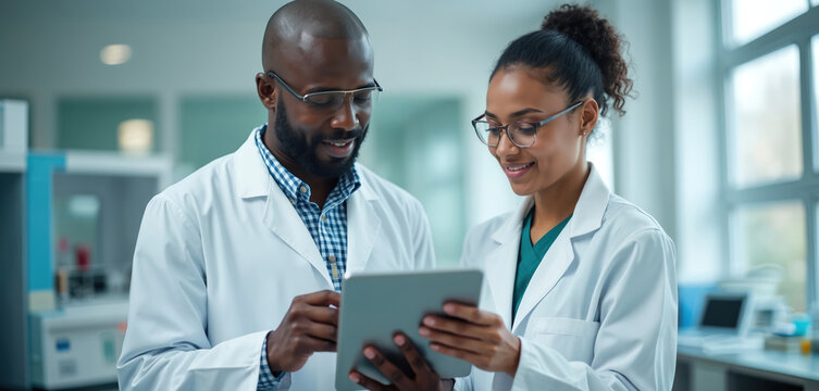 Two diverse doctors in lab coats examine tablet data in hospital lab. Medical professionals collaborate on patient diagnosis and treatment plan. Teamwork shows healthcare tech innovation.