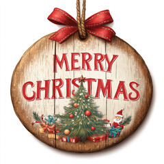 Round wooden christmas ornament with merry christmas text. Wooden Christmas tree decoration. Rustic holiday decoration design for winter xmas greeting or seasonal artwork