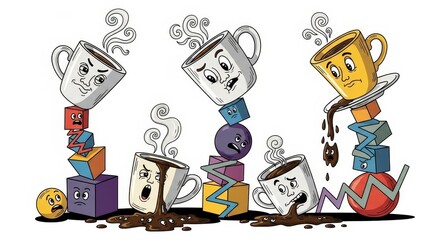 A whimsical and vibrant cartoon illustration depicting four distressed coffee mugs,