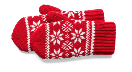 Two red and white knitted mittens with a snowflake pattern on a png transparent.