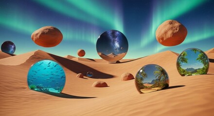 A breathtaking and surreal desert landscape unfolds under a vibrant aurora borealis sky, 