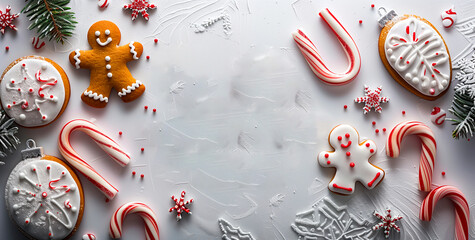 Christmas cookies and candy canes arranged on a white surface, top view