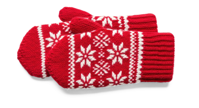 Two red and white knitted mittens with a snowflake pattern on a png transparent.