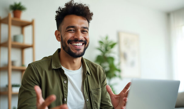 Happy young man participates in video conference from home. He smiles at the camera talks and explains something. Male using laptop to communicate online. Remote work concept. - Powered by Adobe