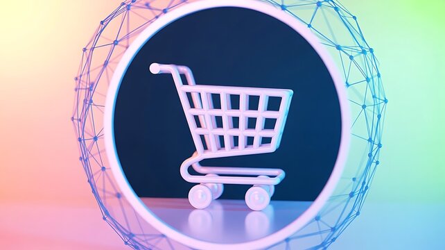 Digital shopping cart icon within global network sphere for modern commerce