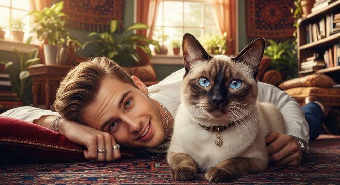 Young man relaxes on the rug with a friendly Siamese cat in a cozy living room setting filled with plants and books