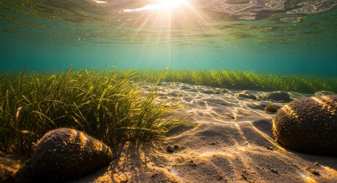 Underwater scene with sunlight illuminating seagrass and sandy bottom in clear blue water during midday