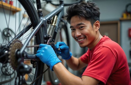 Smiling Asian man in blue gloves works on bicycle drivetrain in repair shop. Mechanic fixes bike chain gears, servicing cycle in workshop. Professional maintenance for two wheels.