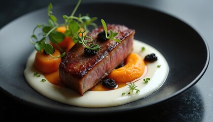 Cooked meat dish with pureed carrots and creamy sauce. Garnished with microgreens and black caviar dots. Elegant presentation on dark plate.