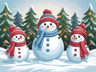 Cheerful snowmen family with colorful hats and scarves in winter wonderland