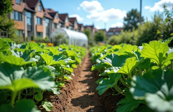 Urban organic garden shows growing vegetables close to houses. Green leaves thrive in community. Greenhouse at background. Concept eco farming, sustainability, locally sourced produce for healthy