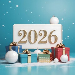 Festive 2026 glitter numbers with gift boxes and ornaments on snowy blue
