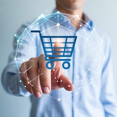 Man interacting with digital shopping cart icon for online e-commerce solutions