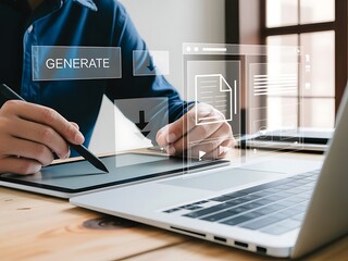 Professional generating digital content with ai tools on a graphic tablet