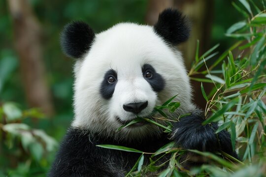 Panda g&eacute;ant assis mangeant m&eacute;ticuleusement du bambou
