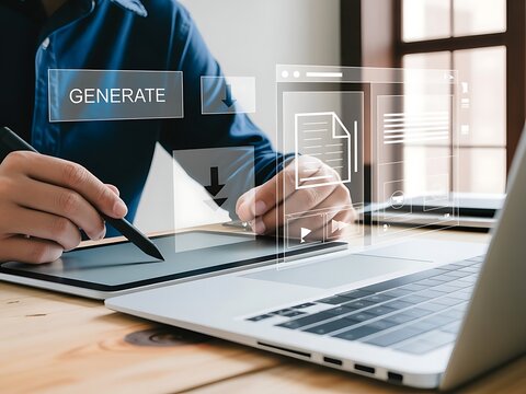 Professional generating digital content with ai tools on a graphic tablet
