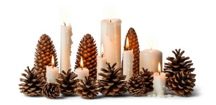 A collection of lit candles and pine cones arranged on a white background.
