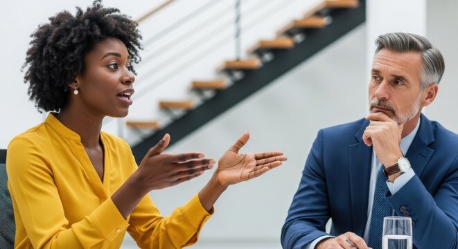 Business meeting with engaged discussion between diverse professionals in a modern office setting