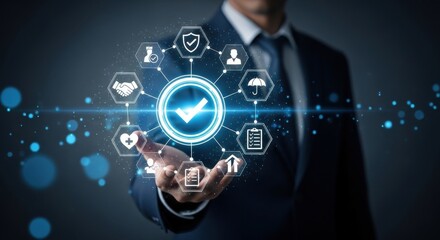 Digital interface with security icons representing various services in a business environment