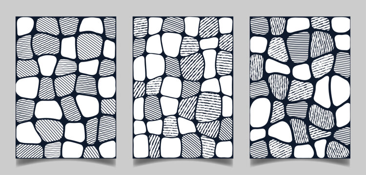 Contemporary abstract zentangle art. Minimalist abstract Line Art Set of 3 Prints for printable wall art, postcard, wallpaper, home decor.