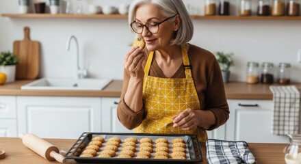 Elderly woman in yellow apron enjoying freshly baked cookies in a bright kitchen setting