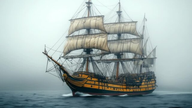 Tall ship sailing in dense fog with billowing sails on the ocean