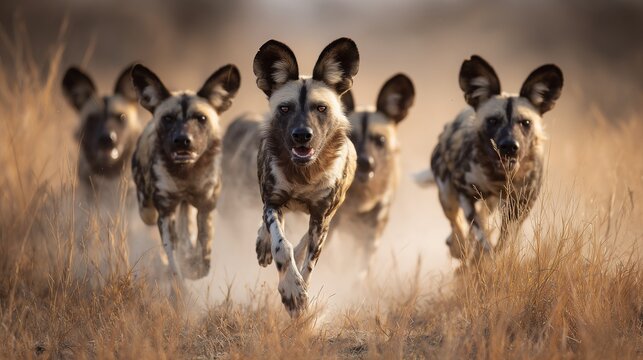 Meute de lycaons en chasse courant dans la savane