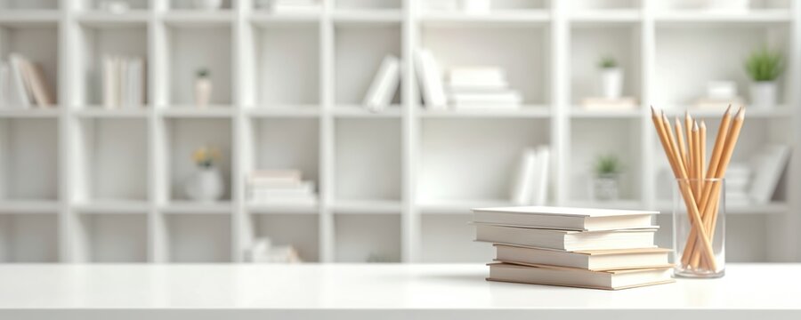Clean white table top shows stack of books and pencils in glass. Blurred background has shelves with items. Space for text or product placement. - Powered by Adobe