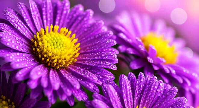 Purple flowers with water drops macro close up - Powered by Adobe