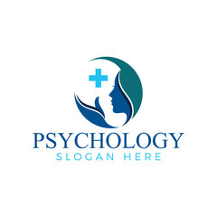Modern psychology logo design featuring a womans profile in a circle with a cross and leaves, representing mental health and wellbeing